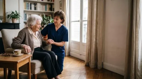 Aidant familial et auxiliaire de vie accompagnant avec bienveillance une personne âgée dans son salon lumineux en France