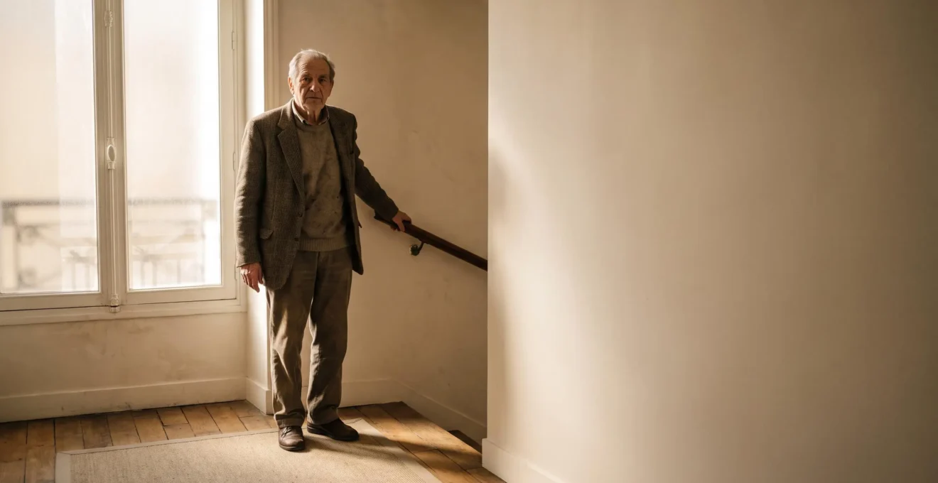 Interieur d'un logement francais adapte avec des barres d'appui pour une personne agee atteinte de la maladie de Parkinson