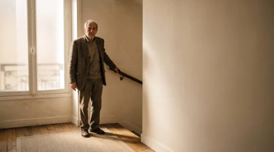 Interieur d'un logement francais adapte avec des barres d'appui pour une personne agee atteinte de la maladie de Parkinson