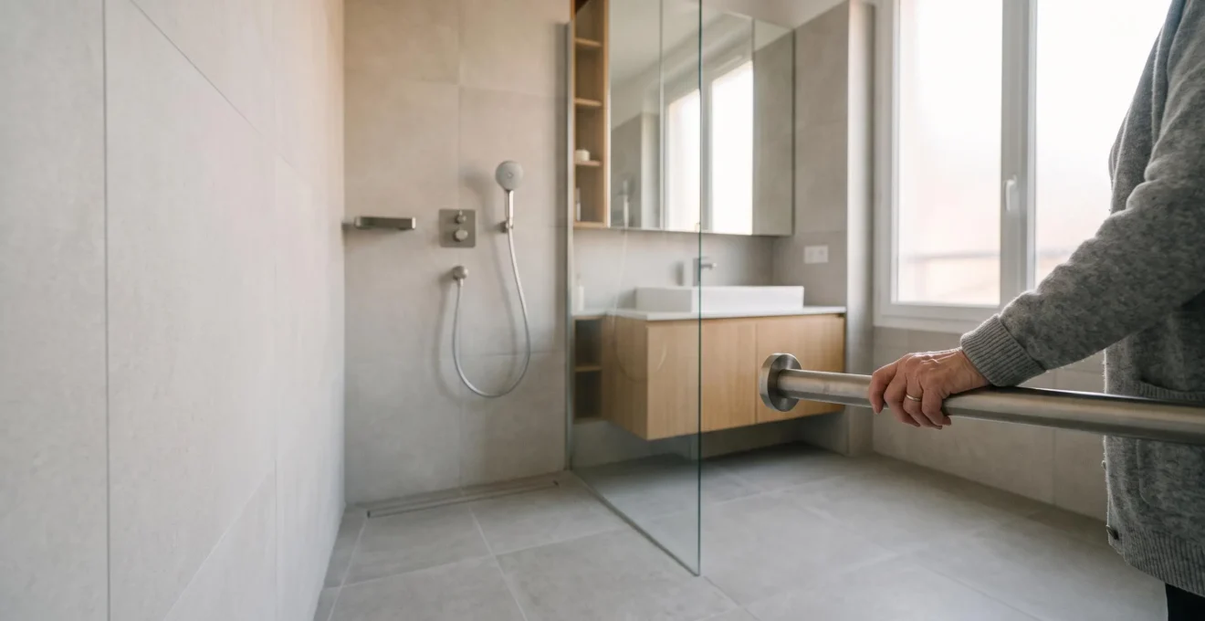 Salle de bain lumineuse et épurée aménagée pour une personne à mobilité réduite, avec douche accessible et barre d'appui, dans un appartement français
