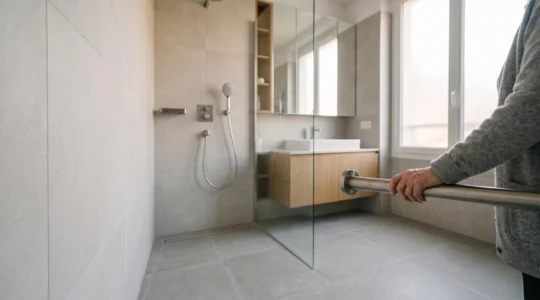 Salle de bain lumineuse et épurée aménagée pour une personne à mobilité réduite, avec douche accessible et barre d'appui, dans un appartement français
