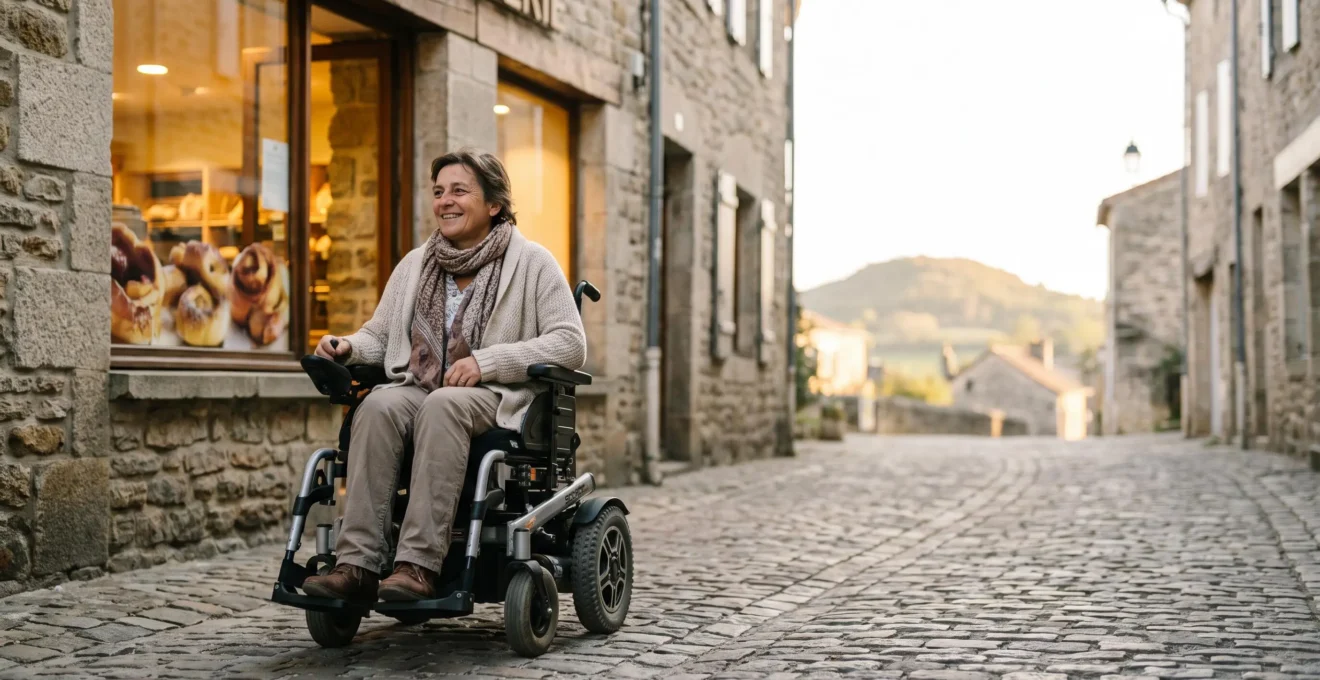 Personne en fauteuil roulant électrique profitant d'un moment de vie sociale dans une rue pavée typique d'un village français