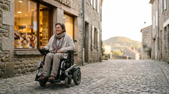 Personne en fauteuil roulant électrique profitant d'un moment de vie sociale dans une rue pavée typique d'un village français