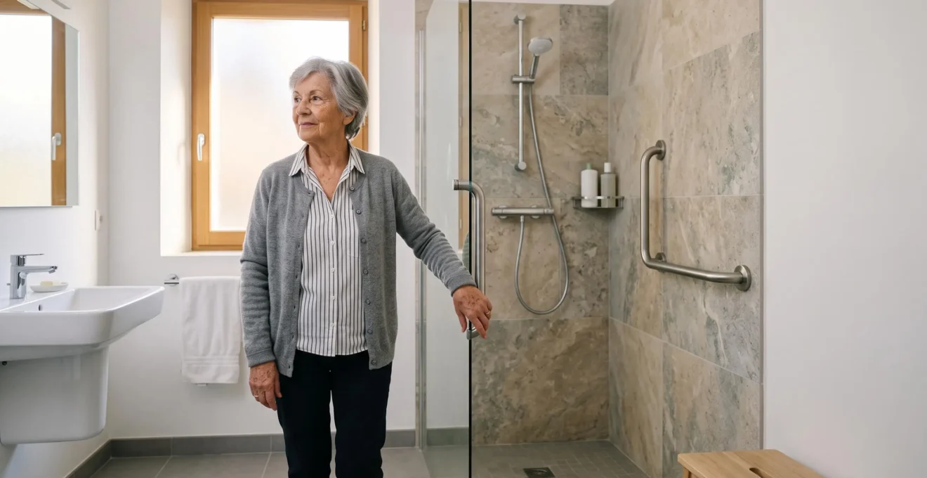 Personne agee de plus de 75 ans dans une salle de bain francaise adaptee et securisee, symbole d'autonomie et de dignite