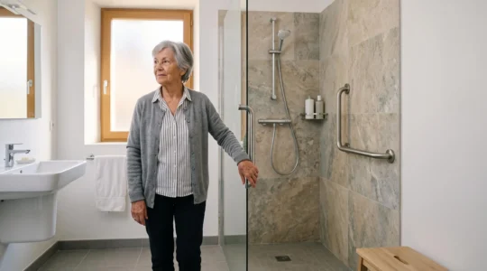 Personne agee de plus de 75 ans dans une salle de bain francaise adaptee et securisee, symbole d'autonomie et de dignite