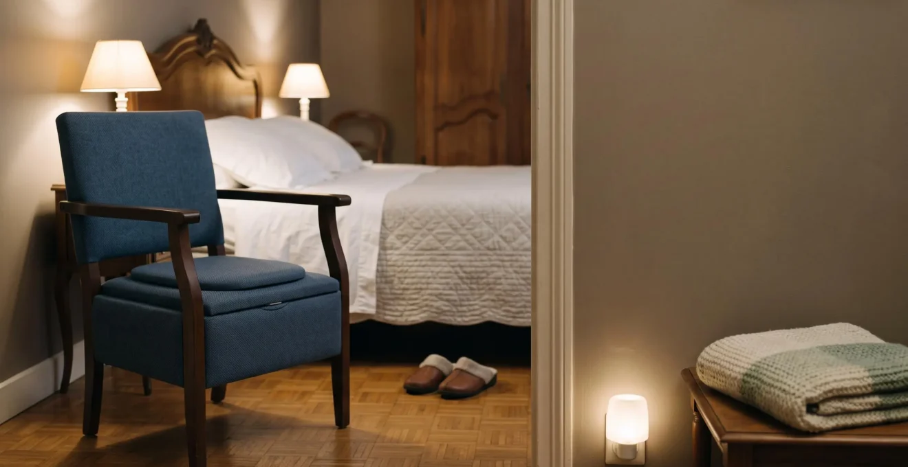 Fauteuil garde-robe robuste installé discrètement près d'un lit dans une chambre française épurée, symbolisant le confort et la sécurité nocturne pour un senior