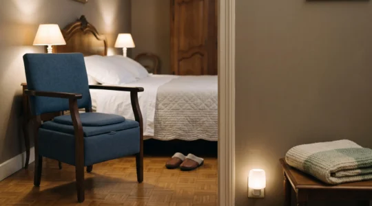 Fauteuil garde-robe robuste installé discrètement près d'un lit dans une chambre française épurée, symbolisant le confort et la sécurité nocturne pour un senior