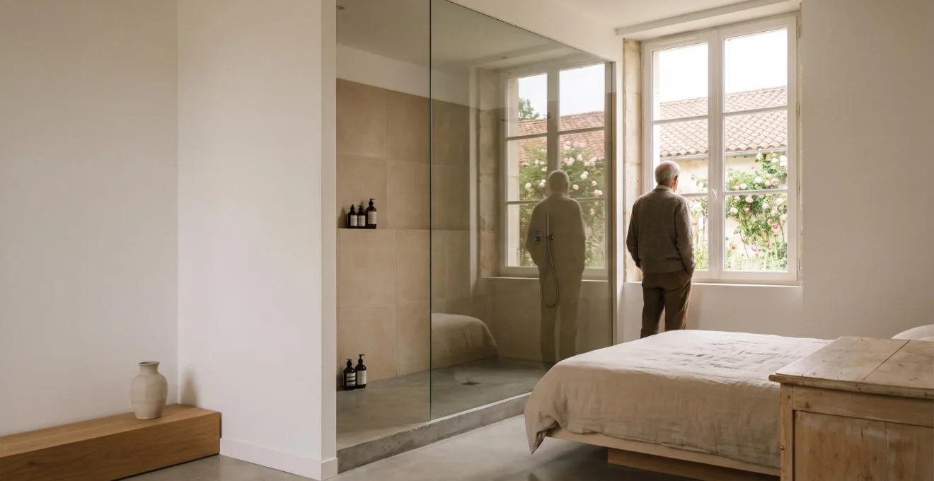 Chambre lumineuse avec salle d'eau attenante amenagee au rez-de-chaussee d'une maison francaise a etages pour une personne agee