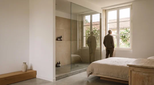 Chambre lumineuse avec salle d'eau attenante amenagee au rez-de-chaussee d'une maison francaise a etages pour une personne agee