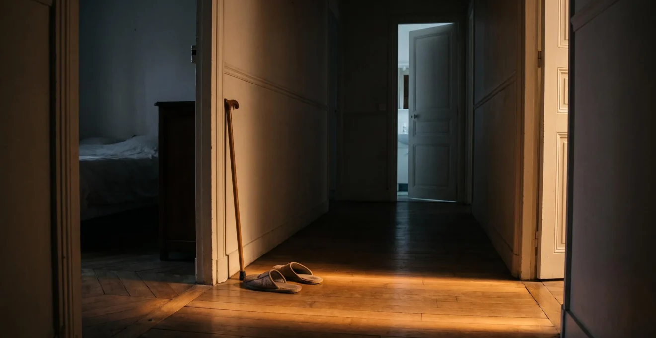 Un halo de lumière douce guide symboliquement les pas d'une personne âgée entre son lit et la salle de bain pendant la nuit