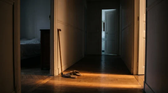 Un halo de lumière douce guide symboliquement les pas d'une personne âgée entre son lit et la salle de bain pendant la nuit