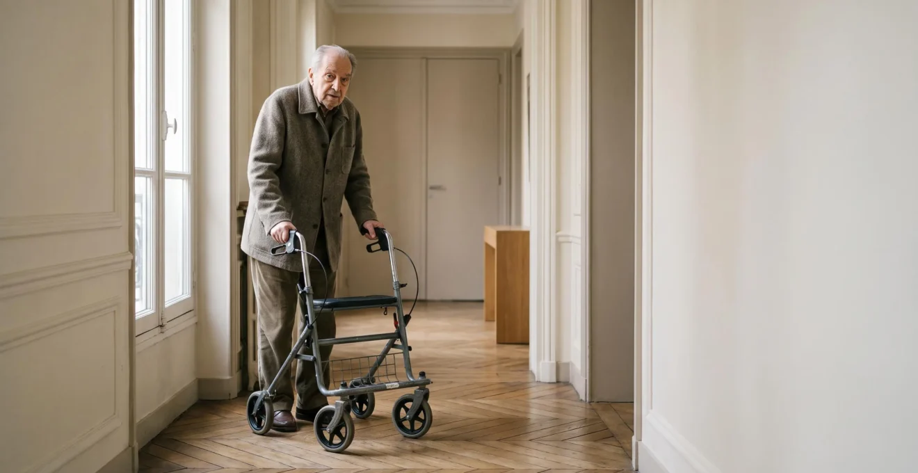 Senior atteint de la maladie de Parkinson utilisant un déambulateur dans un couloir d'appartement français, illustrant le choix entre un modèle à 2 ou 4 roues