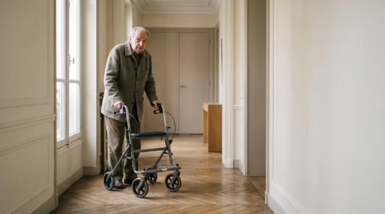 Senior atteint de la maladie de Parkinson utilisant un déambulateur dans un couloir d'appartement français, illustrant le choix entre un modèle à 2 ou 4 roues