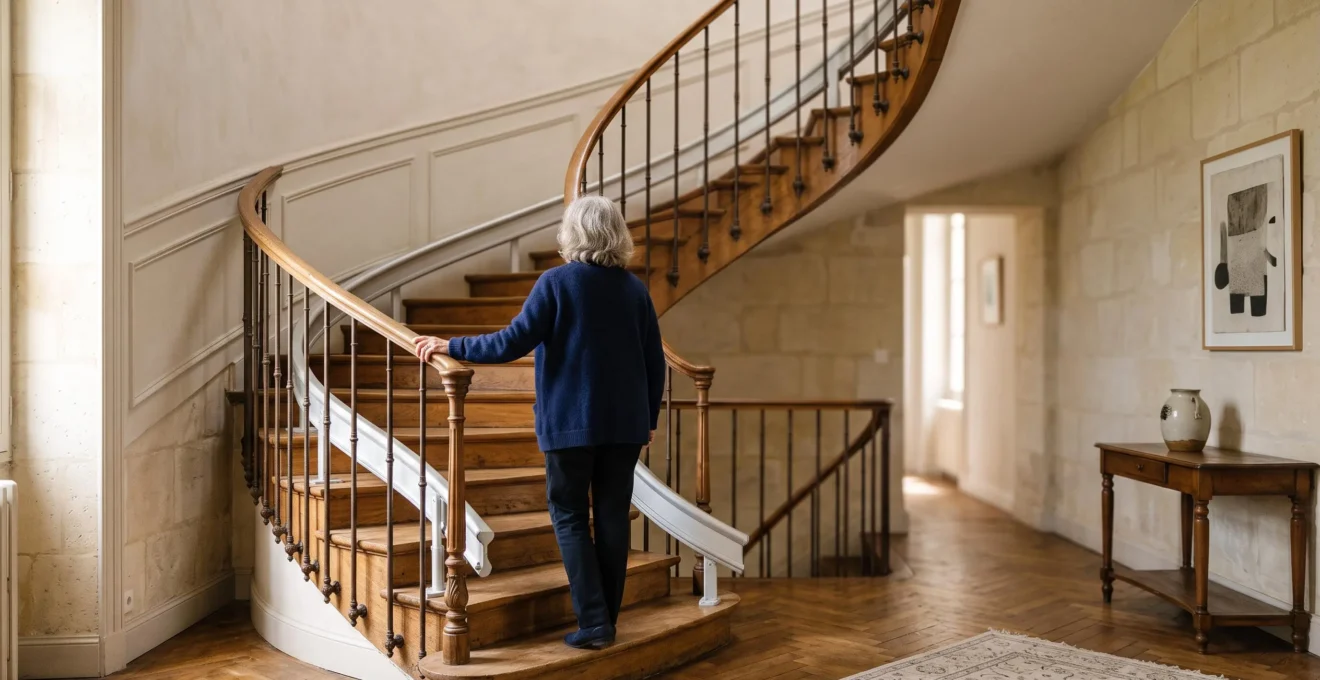 Escalier tournant en bois dans une maison française avec un monte-escalier discret installé le long du limon, vue d'ensemble lumineuse