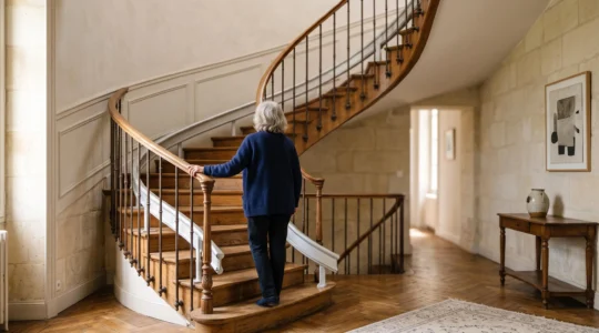 Escalier tournant en bois dans une maison française avec un monte-escalier discret installé le long du limon, vue d'ensemble lumineuse
