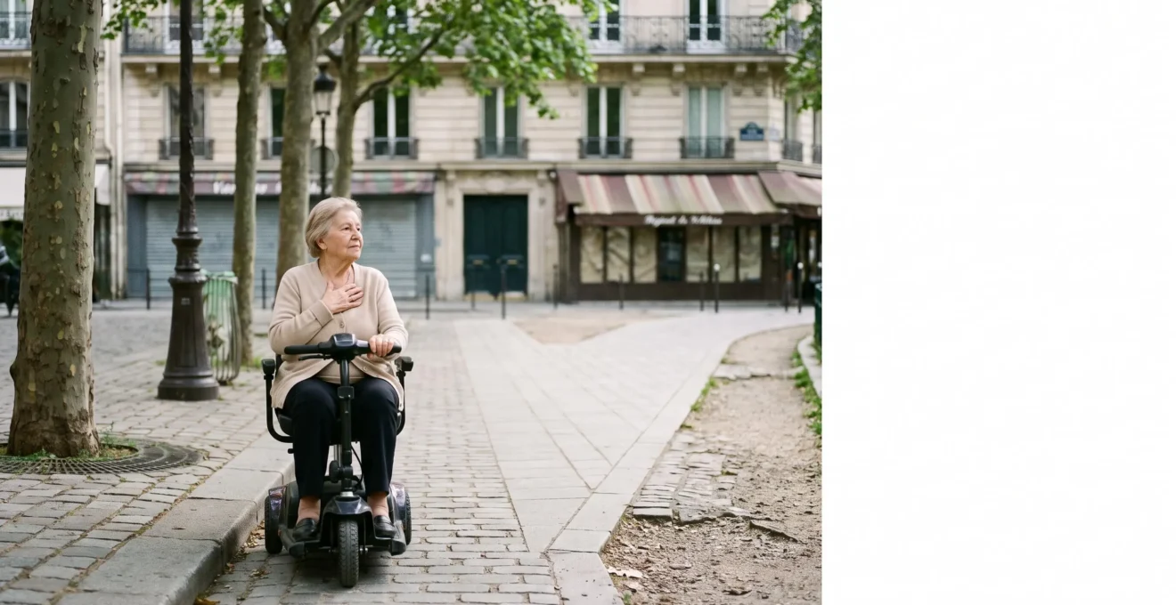 Personne âgée assise sur un scooter électrique à l'arrêt sur un trottoir parisien, symbolisant le choix entre deux types de mobilité