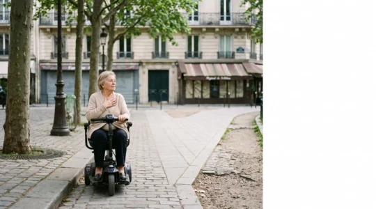 Personne âgée assise sur un scooter électrique à l'arrêt sur un trottoir parisien, symbolisant le choix entre deux types de mobilité
