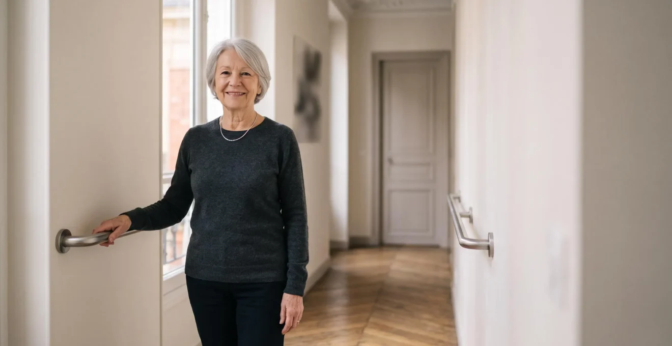 Senior souriant se déplaçant en toute autonomie dans un intérieur français lumineux et adapté, illustrant le confort retrouvé grâce à l'aménagement du logement.