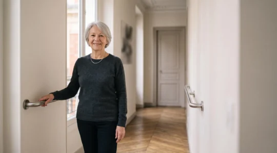 Senior souriant se déplaçant en toute autonomie dans un intérieur français lumineux et adapté, illustrant le confort retrouvé grâce à l'aménagement du logement.