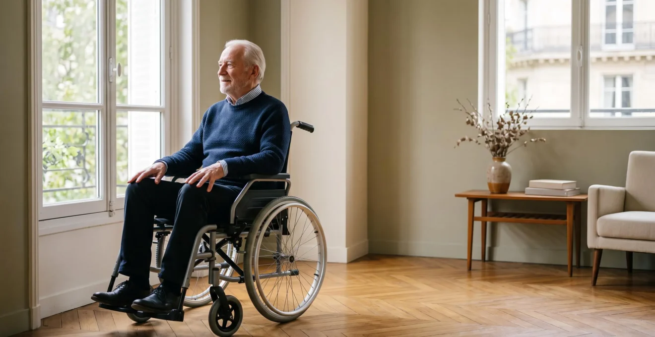 Senior en fauteuil roulant à domicile installé sur un coussin anti-escarres, dans un intérieur français lumineux