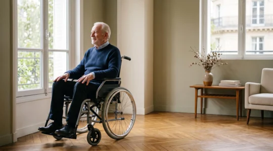 Senior en fauteuil roulant à domicile installé sur un coussin anti-escarres, dans un intérieur français lumineux