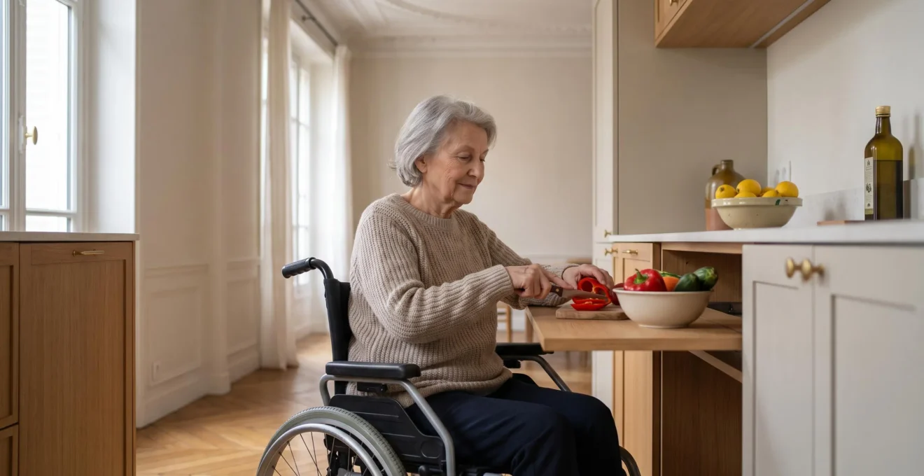 Personne senior en fauteuil roulant cuisinant sereinement dans une cuisine française lumineuse et accessible
