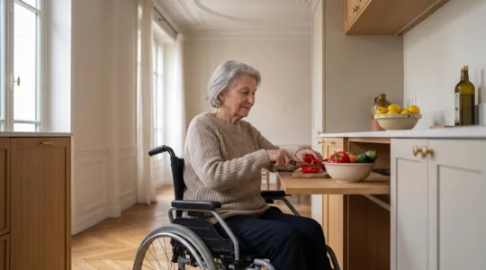 Personne senior en fauteuil roulant cuisinant sereinement dans une cuisine française lumineuse et accessible