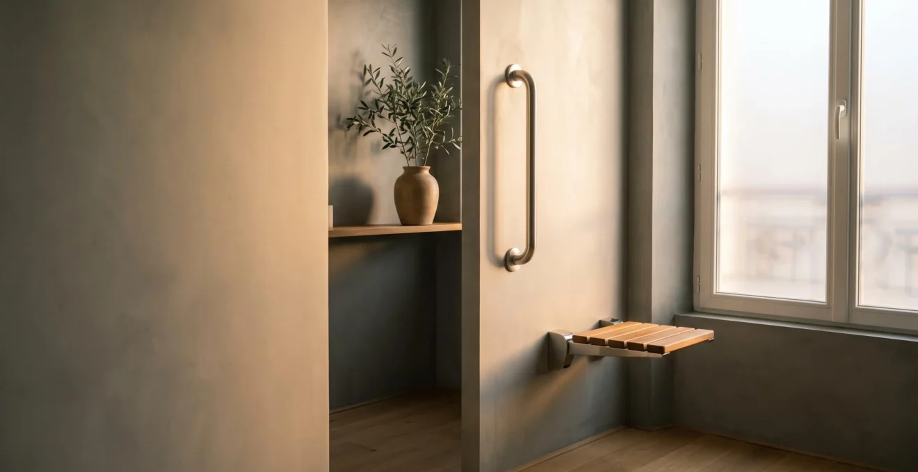 Douche à l'italienne spacieuse et épurée, aménagée pour un usage en fauteuil roulant et en position debout, dans une salle de bain lumineuse à la française.