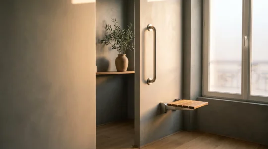 Douche à l'italienne spacieuse et épurée, aménagée pour un usage en fauteuil roulant et en position debout, dans une salle de bain lumineuse à la française.