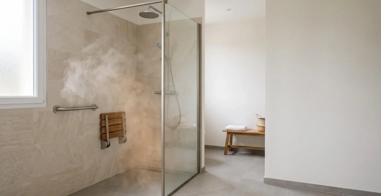Salle de bain moderne et épurée pour senior avec barre d'appui murale près d'une douche à l'italienne, lumière naturelle douce