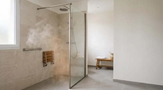 Salle de bain moderne et épurée pour senior avec barre d'appui murale près d'une douche à l'italienne, lumière naturelle douce