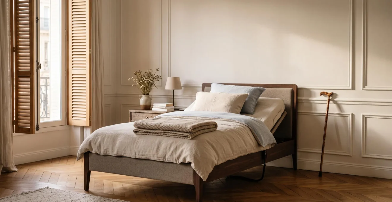 Chambre lumineuse dans un appartement français avec un lit médicalisé discret et élégant, symbole de la prise en charge par la Sécurité sociale