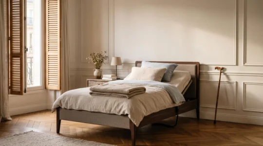 Chambre lumineuse dans un appartement français avec un lit médicalisé discret et élégant, symbole de la prise en charge par la Sécurité sociale