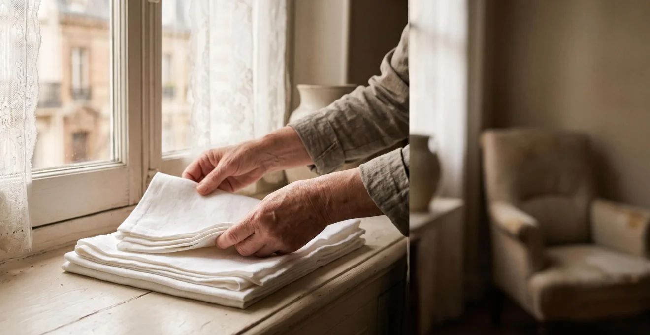 Mains bienveillantes rangeant délicatement du linge propre près d'une fenêtre lumineuse dans un appartement français, symbole du soin apporté au maintien à domicile