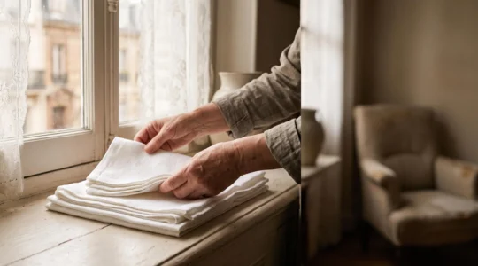 Mains bienveillantes rangeant délicatement du linge propre près d'une fenêtre lumineuse dans un appartement français, symbole du soin apporté au maintien à domicile