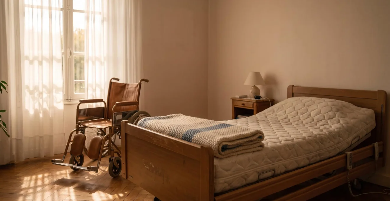 Lit médicalisé équipé d'un matelas anti-escarres dans une chambre lumineuse et épurée, symbole de confort pour une personne alitée