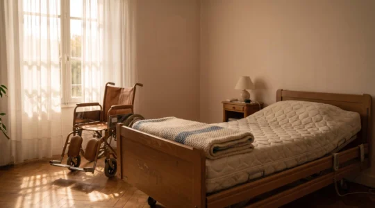 Lit médicalisé équipé d'un matelas anti-escarres dans une chambre lumineuse et épurée, symbole de confort pour une personne alitée