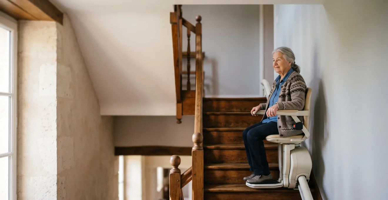 Senior descendant en toute sécurité un monte-escalier moderne installé dans un escalier en bois d'une maison française