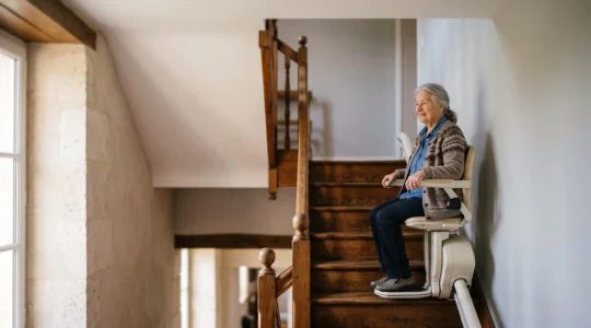 Senior descendant en toute sécurité un monte-escalier moderne installé dans un escalier en bois d'une maison française