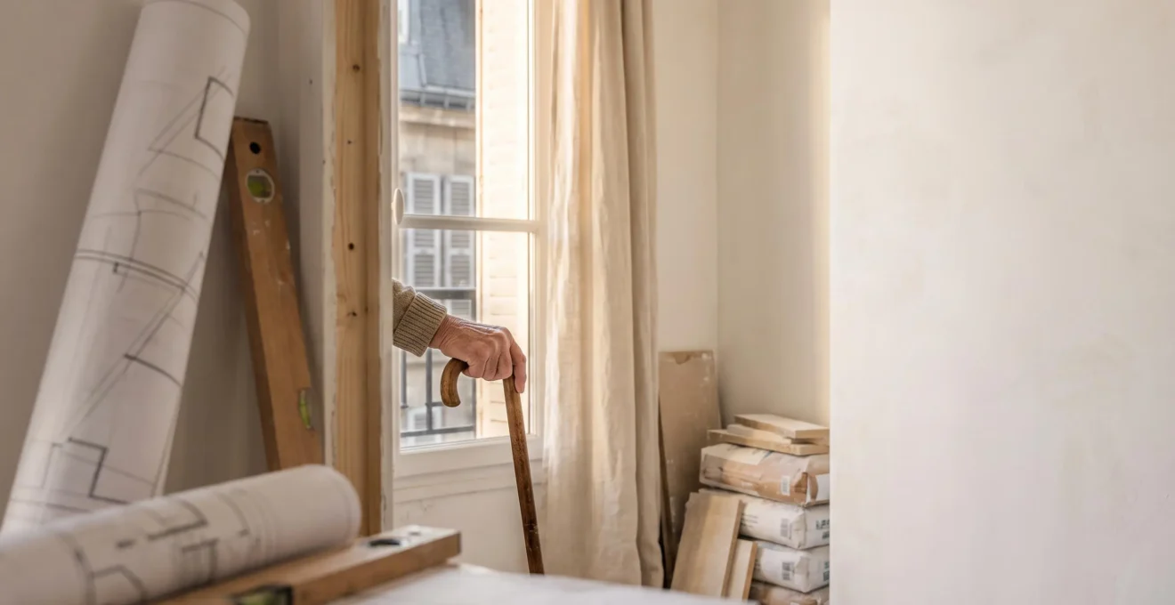 Plans d'architecte et échantillons de matériaux posés sur une table pour planifier l'accessibilité PMR d'une salle de bain de senior