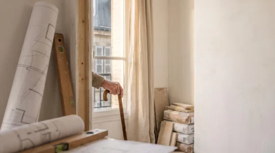 Plans d'architecte et échantillons de matériaux posés sur une table pour planifier l'accessibilité PMR d'une salle de bain de senior