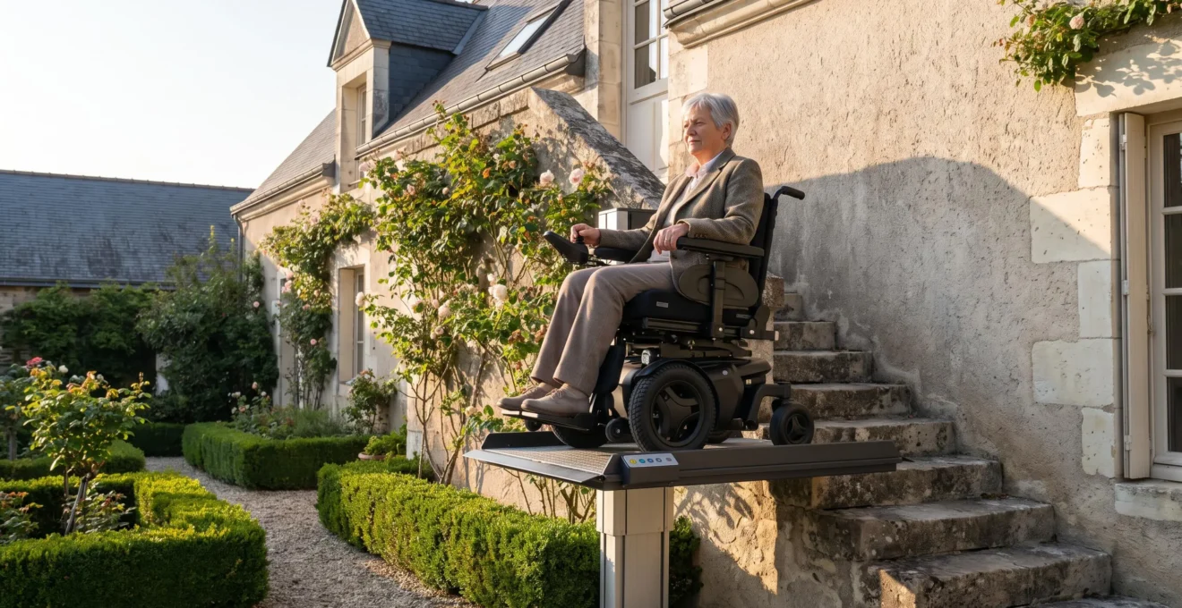 Senior en fauteuil roulant électrique utilisant une plateforme élévatrice extérieure devant une maison française pour franchir un dénivelé de 1,50 mètre