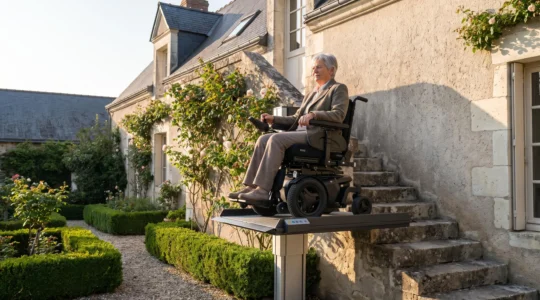 Senior en fauteuil roulant électrique utilisant une plateforme élévatrice extérieure devant une maison française pour franchir un dénivelé de 1,50 mètre