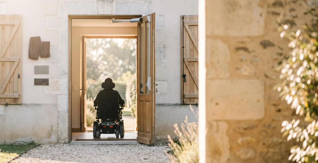 Entrée de maison française avec porte motorisée adaptée au passage d'un fauteuil roulant électrique