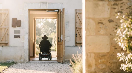 Entrée de maison française avec porte motorisée adaptée au passage d'un fauteuil roulant électrique