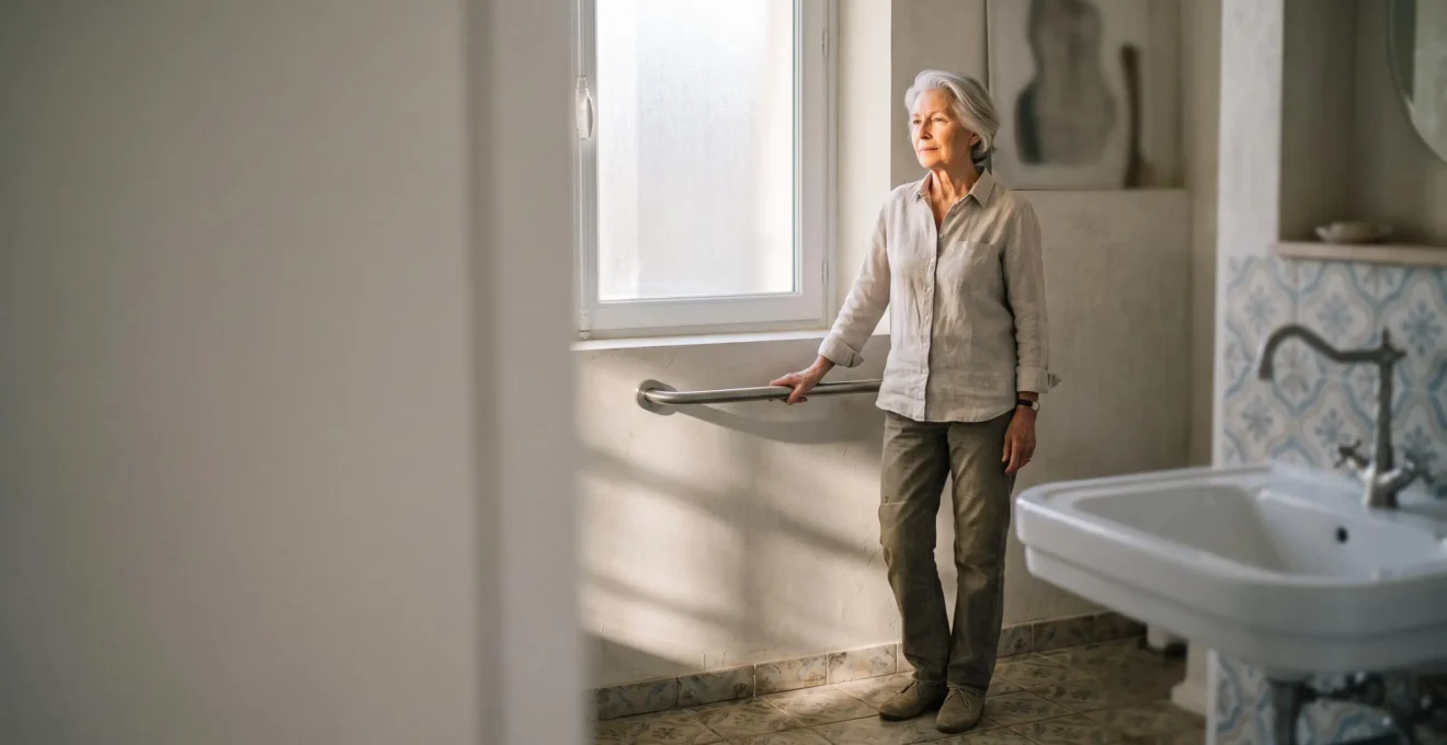 Personne âgée française souriante et confiante, la main posée sur une barre d'appui dans une salle de bain lumineuse, symbolisant le maintien de la mobilité malgré l'arthrose