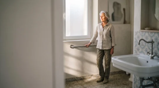 Personne âgée française souriante et confiante, la main posée sur une barre d'appui dans une salle de bain lumineuse, symbolisant le maintien de la mobilité malgré l'arthrose