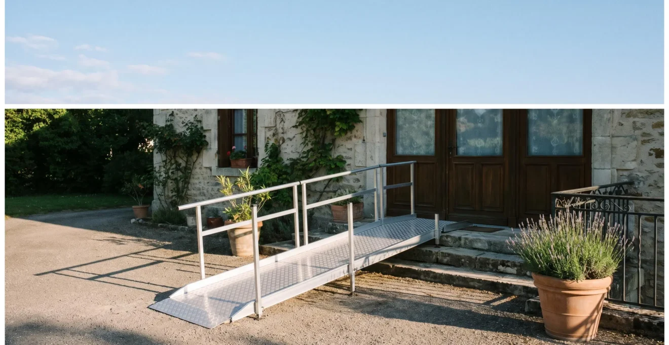 Rampe d'accès en aluminium installée devant trois marches d'entrée d'une maison française pour permettre le passage d'un fauteuil roulant
