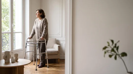 Personne à mobilité réduite dans un intérieur lumineux français, symbole du parcours vers la reconnaissance administrative du handicap