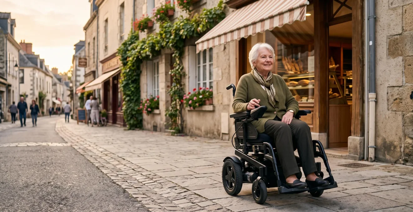 Personne âgée en fauteuil roulant électrique circulant sereinement sur un trottoir français, symbolisant la maîtrise de la vitesse et l'autonomie
